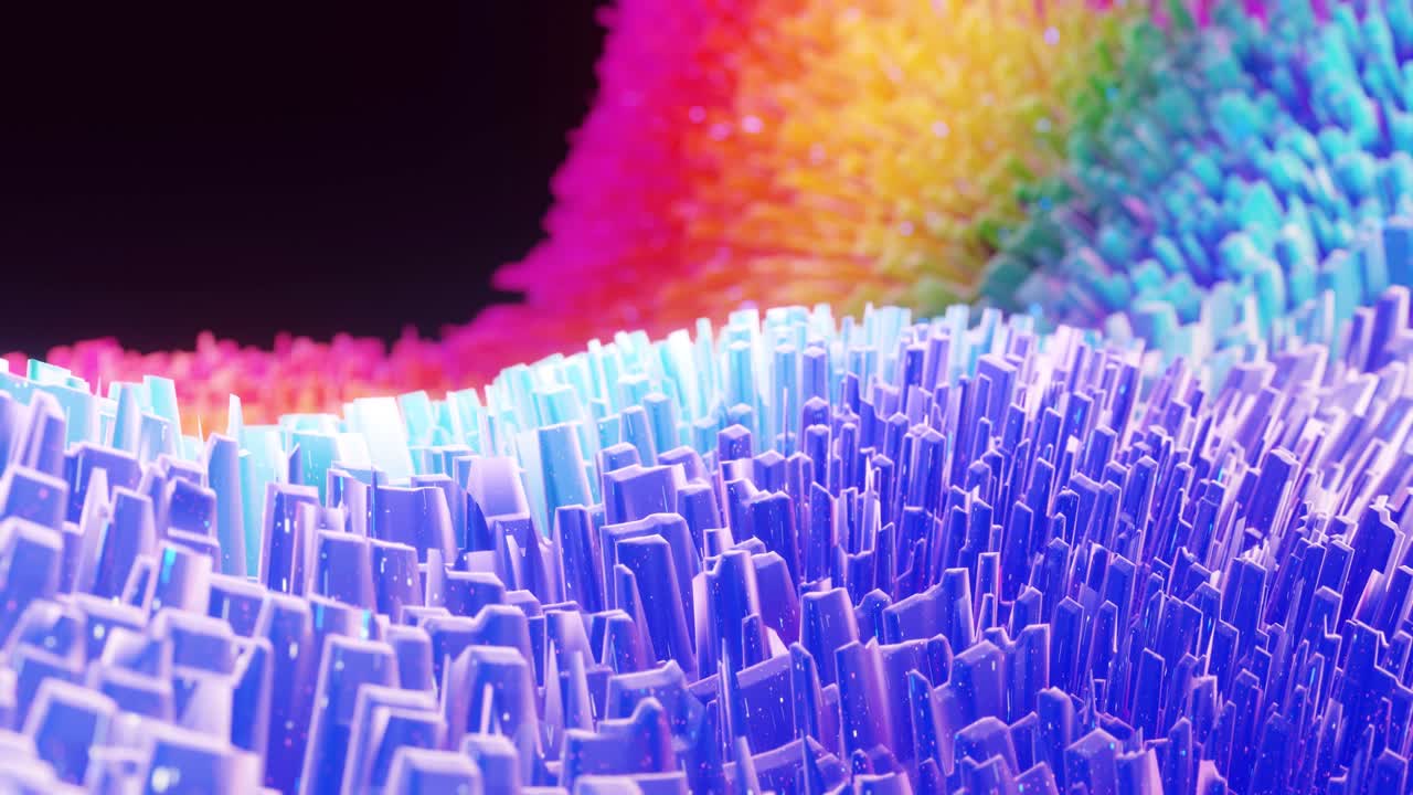 hermosa superficie abstracta en 3d con chispas de brillo, ondas extrudidas o desplazadas se transforman en bucle. gradiente de arco iris, material mate suave como la dulzura de la morfología o la mermelada con un ligero resplandor interno.