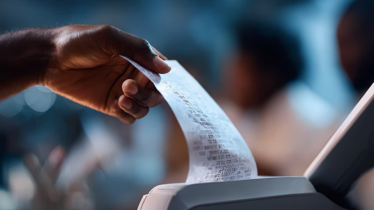 A close-up view of a person's hand holding a long receipt as it emerges from a receipt printer, capturing a moment in a busy environment where transactions are processed