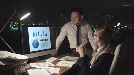 Businesswoman-Sitting-On-Chair-And-Business-Man-Sitting-At-Table-In-Office,-Both-Talking-About-Charts-Looking-At-Computer-Screen