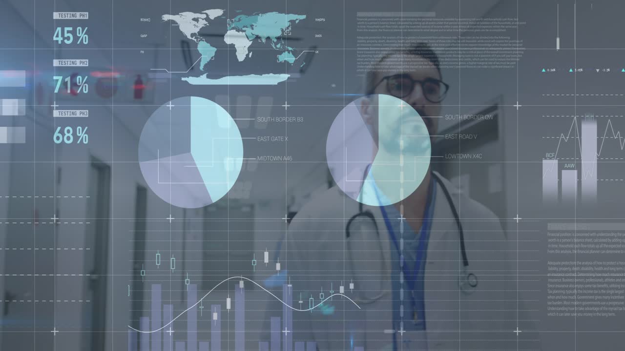 Animação de dados financeiros e mapa-múndi sobre um médico caucasiano.