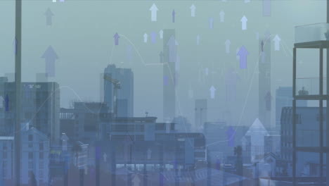 animation of arrow moving upwards and statistical data processing against aerial view of cityscape