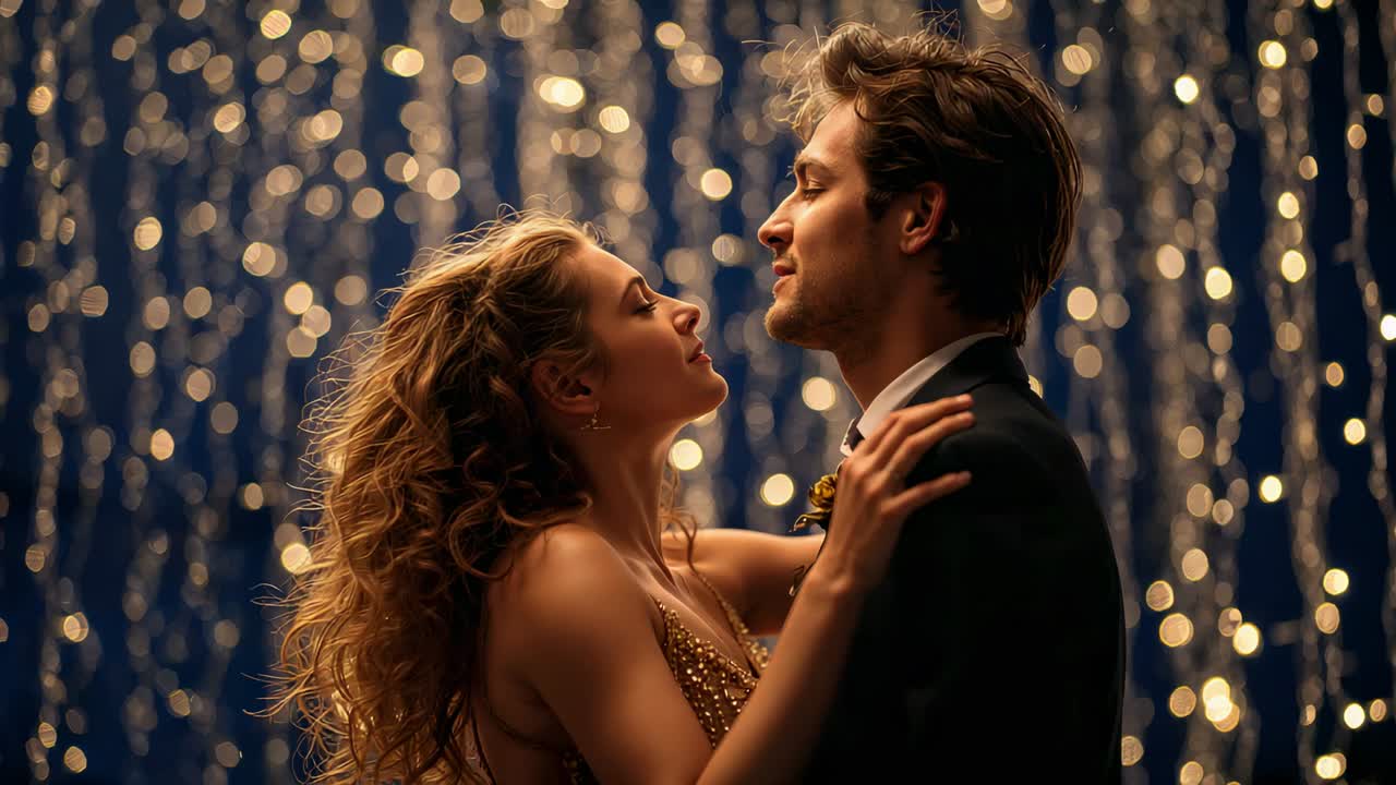 Leaning woman and man drawing closer after music cue at ballroom, with gold dress, boutonniere