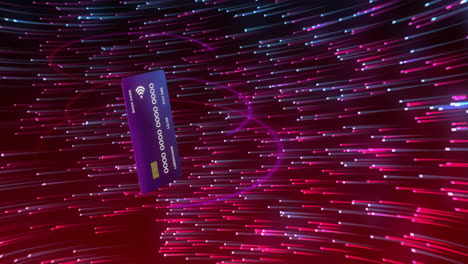 animation of credit card with data over glowing lights background