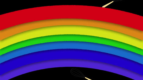 animation of moving rainbow over falling whisks against black background