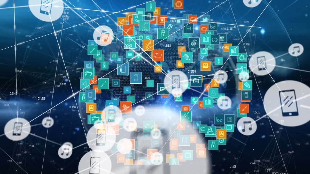 Animazione di rete di connessioni con icone su sfondo nero