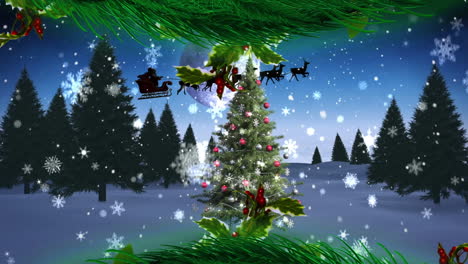 animación de ramas de abeto sobre el árbol de navidad en el paisaje de invierno