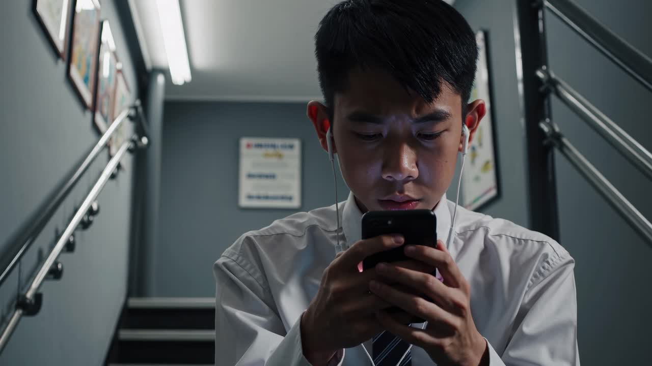 Teenage Student Using Smartphone on Stairs