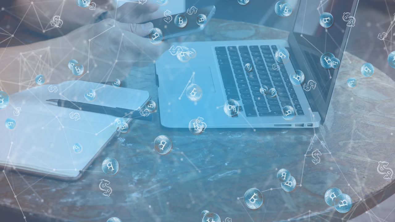 Man reaching for phone, tapping while checking crypto portfolio with floating network overlay