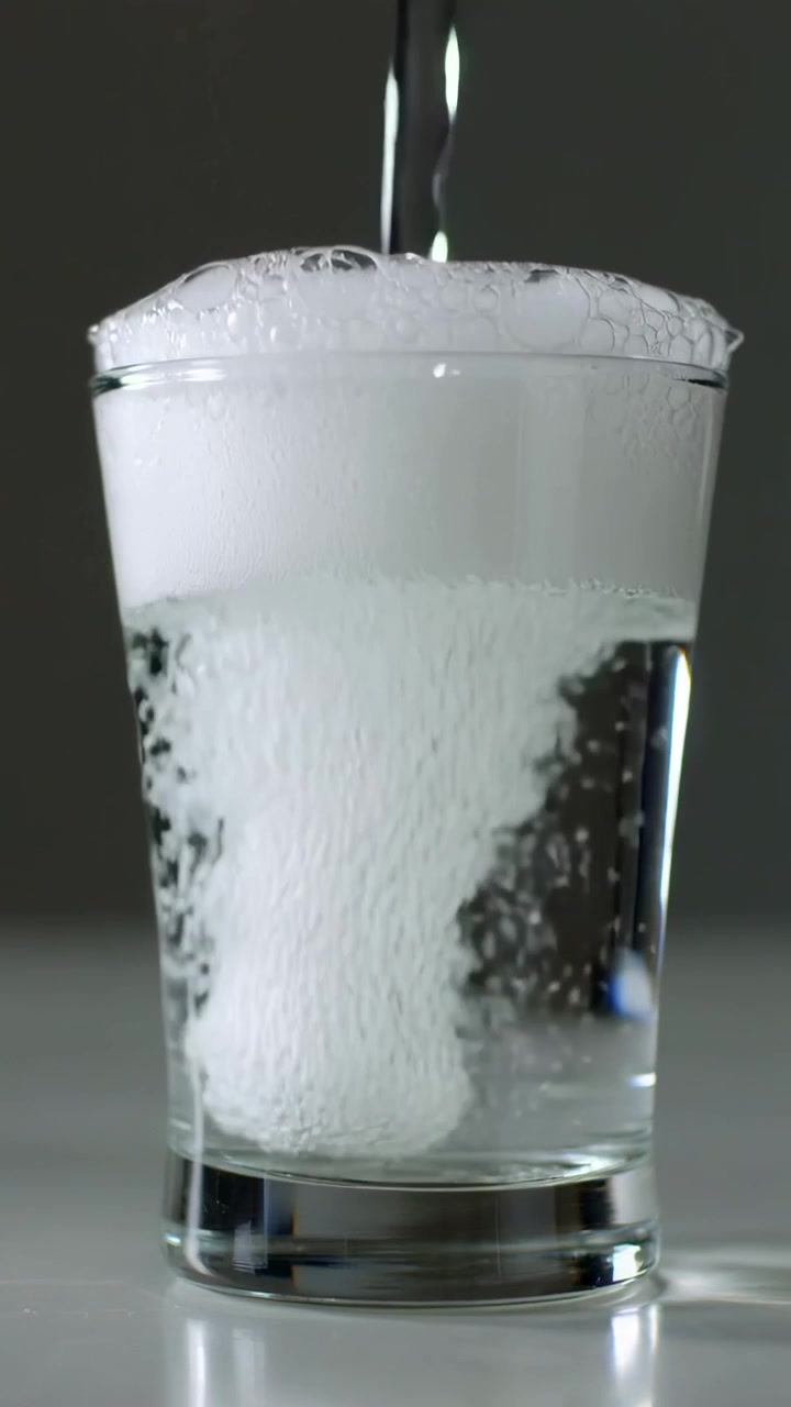 Video verticale: Flusso che si versa creando una colonna di schiuma frizzante in un bicchiere su un bancone, con compressa in dissoluzione