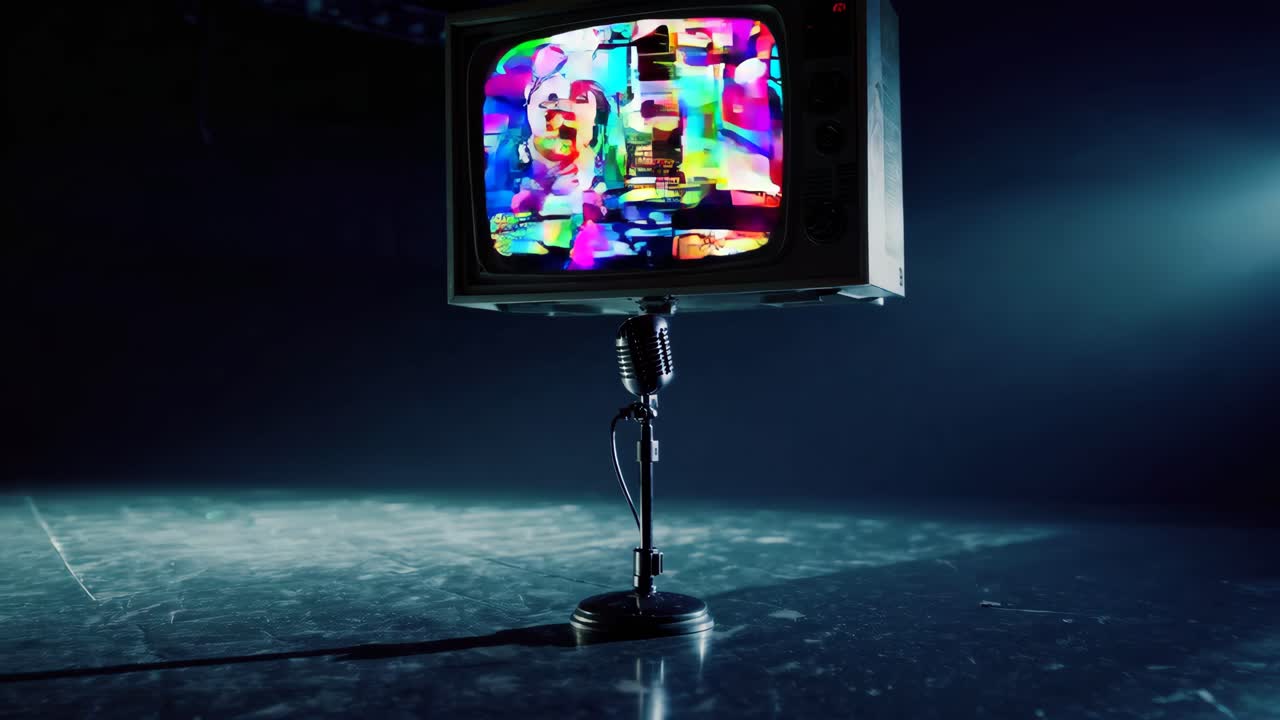 예술적 이미지와 마이크를 가진 빈티지 tv