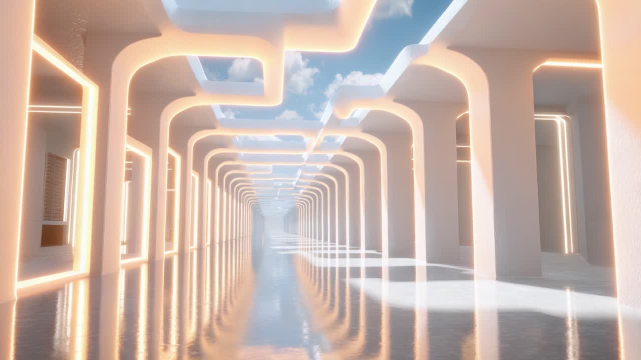 A Stunning Modern Architectural Corridor with Glowing Light Accents and Reflective Surfaces Under a Clear Sky: An Exploration of Design Elegance and Spatial Depth