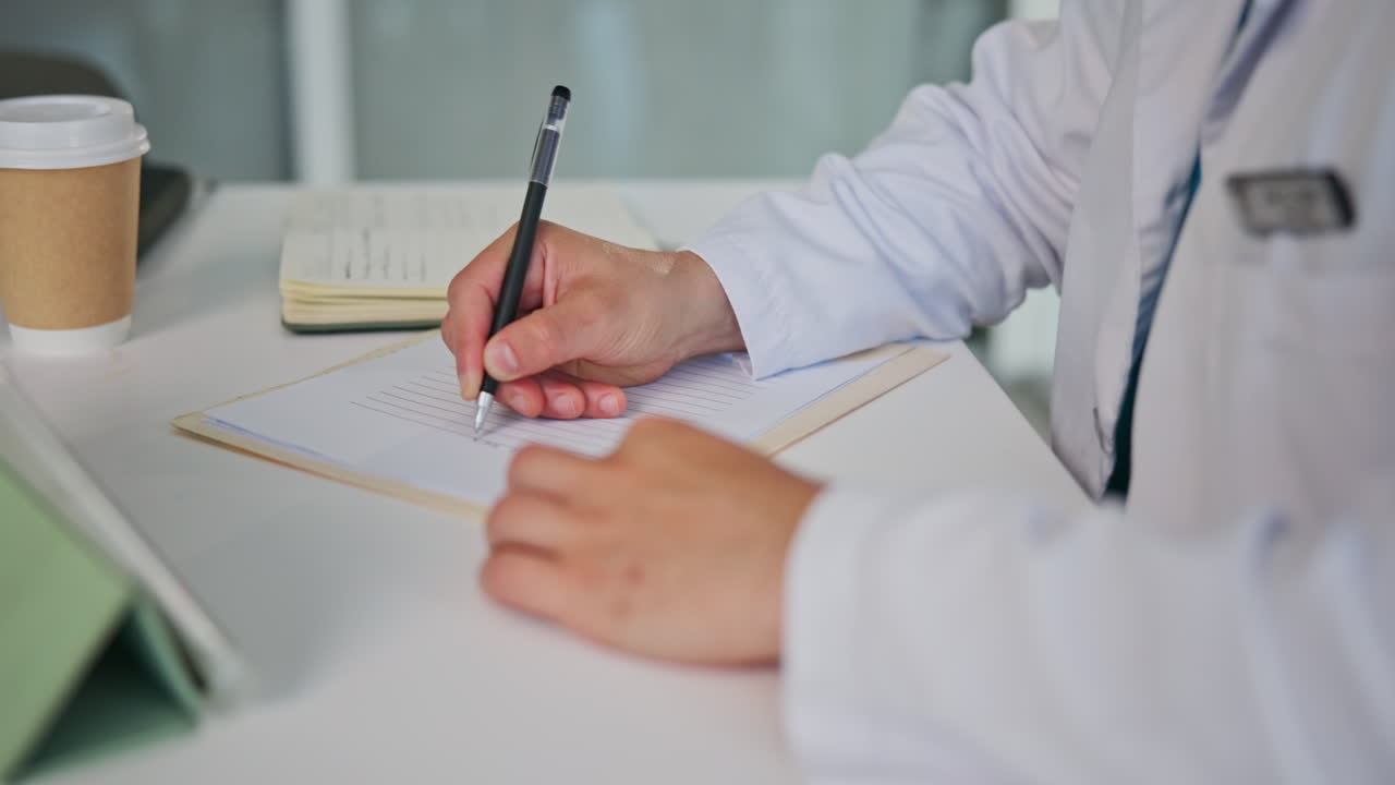 Médico escribiendo en un documento en un escritorio
