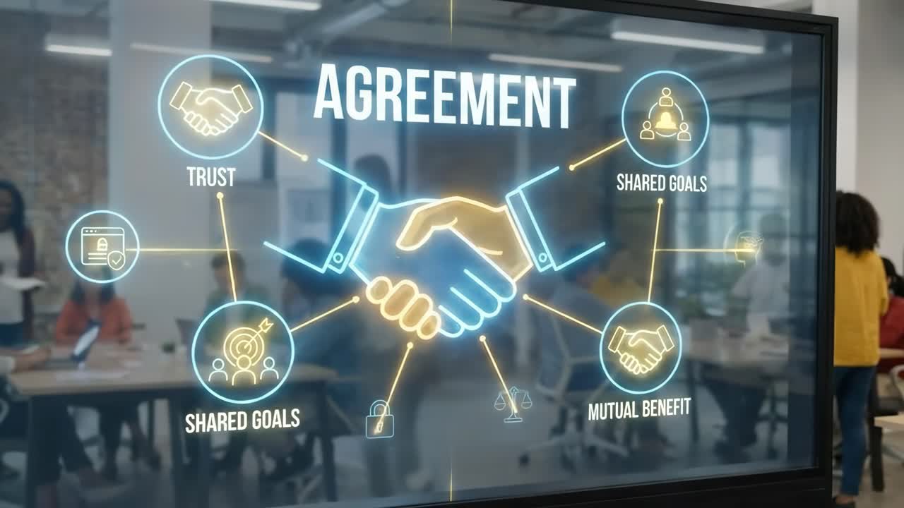 Animated Agreement Infographic on Transparent Screen in Modern Office