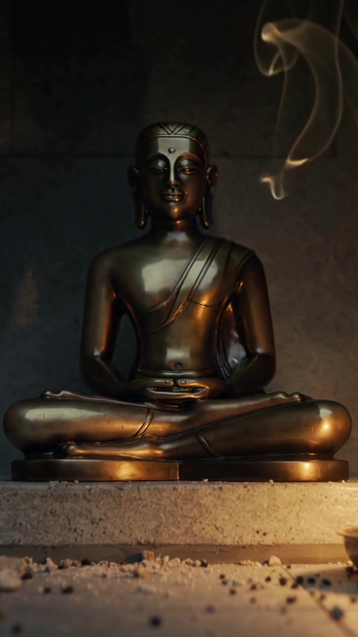 Video verticale: Bruciatore che rilascia fumo mentre un Buddha di bronzo risplende in un'alcova del santuario per la meditazione