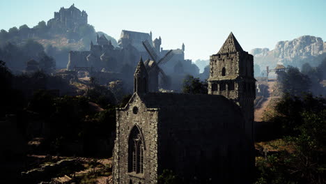 medieval village landscape with castle and ruins