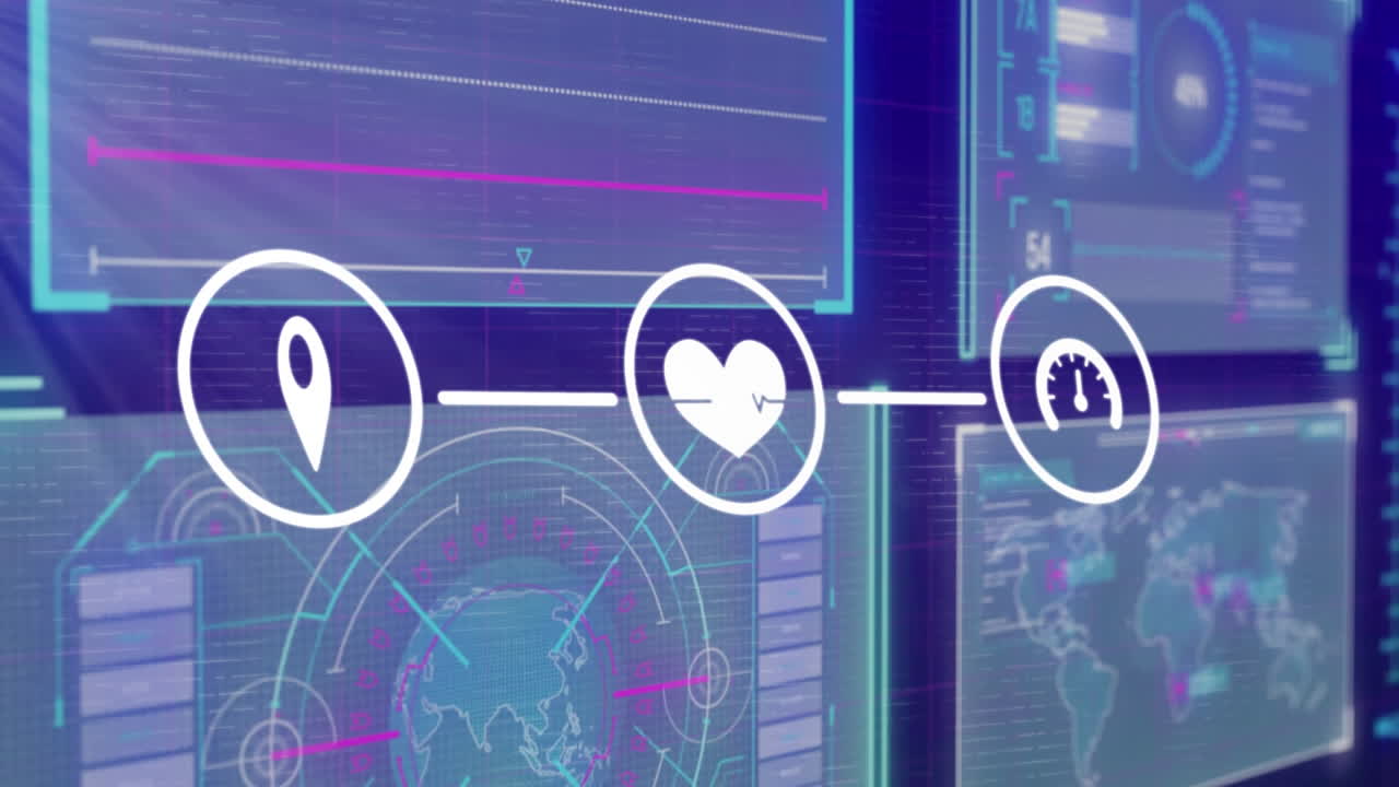 Animation of network of digital icons, interface with data processing, light spot on blue background