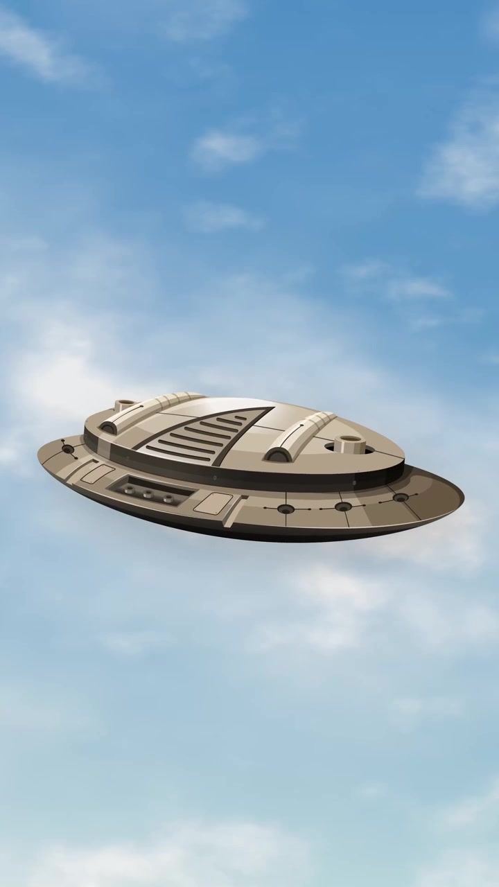 A metallic saucer-shaped spacecraft floats steadily against a bright blue sky with soft clouds.