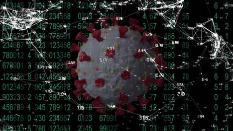 Digital-composite-video-of-Covid-19-cell-spinning-against-data-processing-in-background