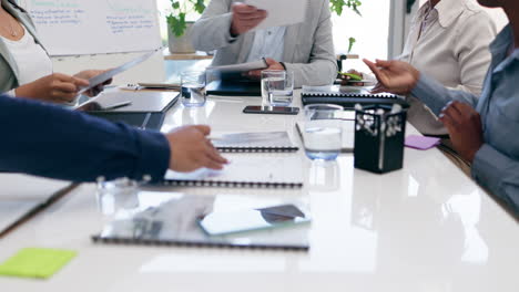 business people, hands and documents in meeting