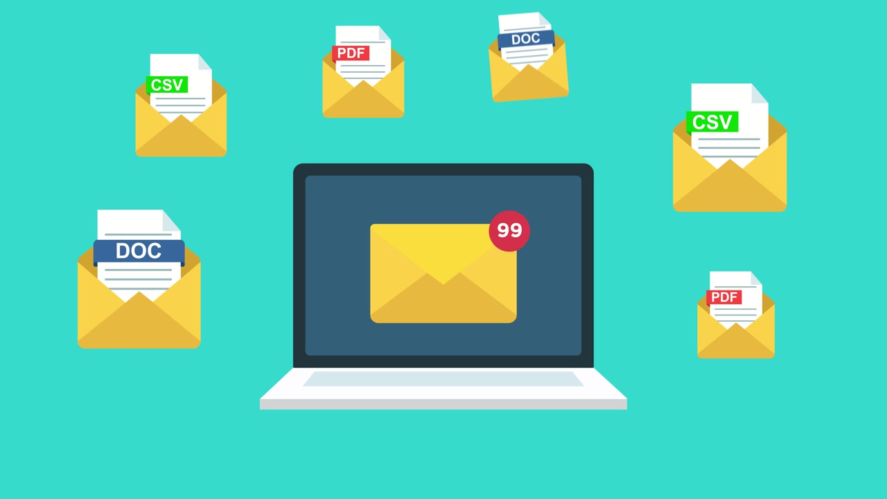 Animazione Digitale di Laptop che Riceve Notifiche Email e File Documenti