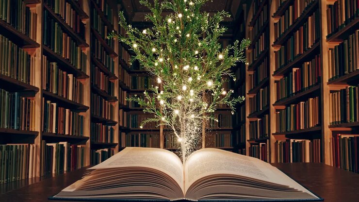 Un libro aperto magico con un albero di luci che emerge, scattata da un angolo basso in una biblioteca scarsamente illuminata