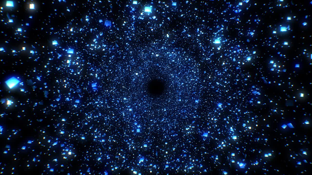 confeti azul parpadeando brillante sobre fondo negro sin problemas. moviéndose a través del túnel abstracto hecho de partículas brillantes en bucle animación 3d.