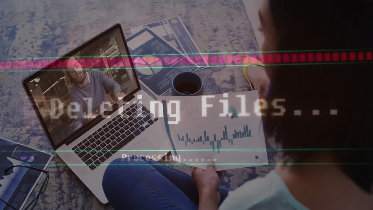 Analyzing financial charts on laptop, person on video call with data animation