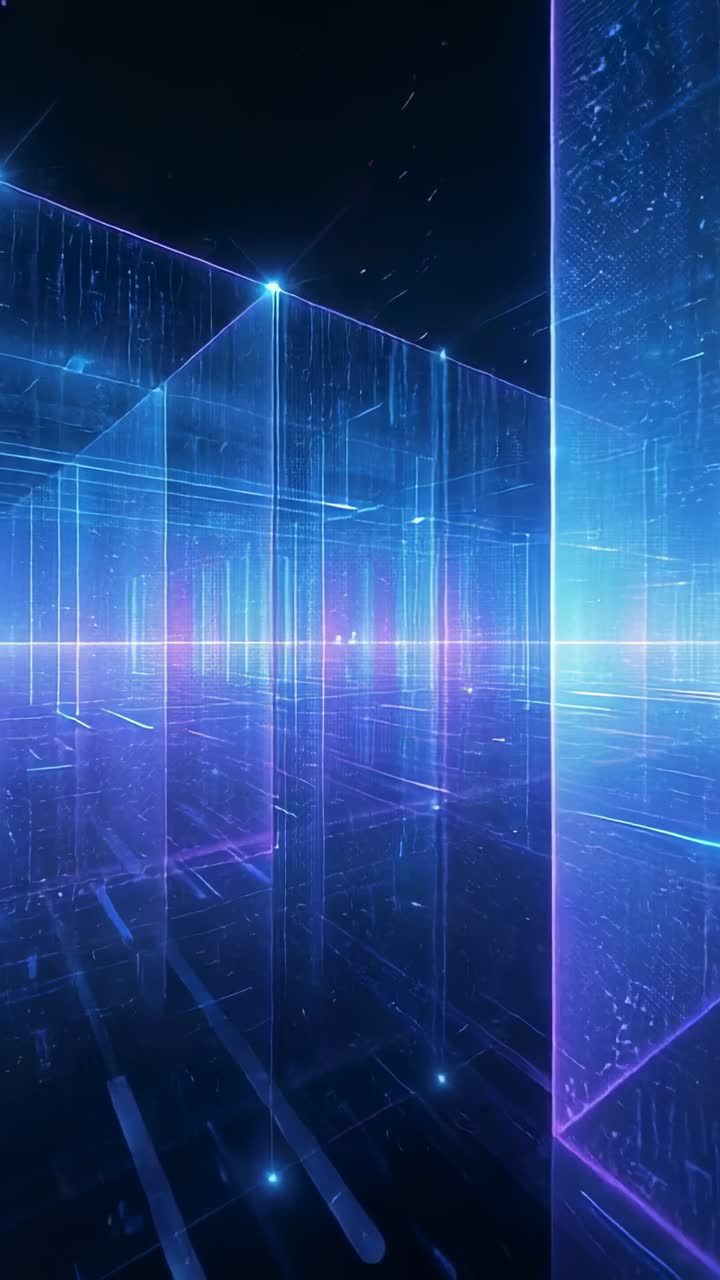 Vertical video: Moving camera gliding through panes exploring neon horizon in data grid and stars