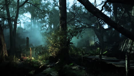 misterioso bosque de niebla con ruinas