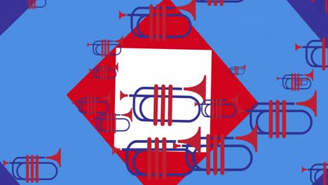 animación de trompeta en los colores rojo y azul de la bandera de los estados unidos de américa