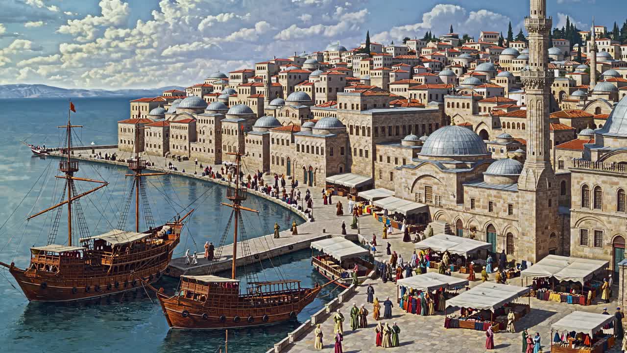 Aerial view of a bustling medieval market square with colorful tents and vendors, capturing a lively