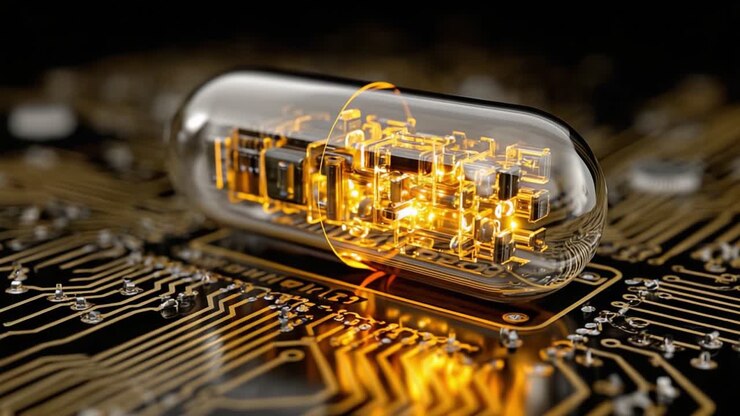 Illuminated Capsule on Circuit Board: A Stunning Visual of Advanced Technology and Innovation Showcasing Electronic Components Within a Transparent Shell