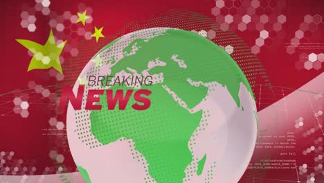 animation of globe and breaking news over flag of china