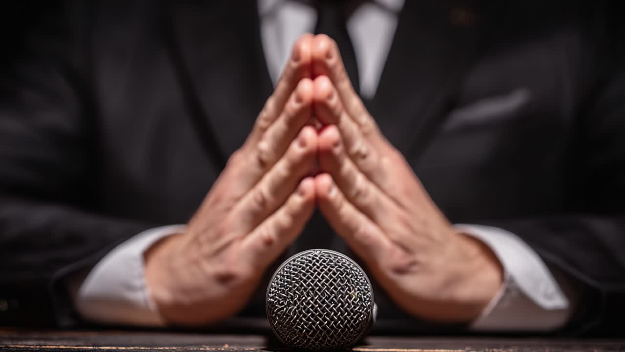 A poised individual with clasped hands centered around a microphone, suggesting anticipation and focus in a potentially significant speaking moment