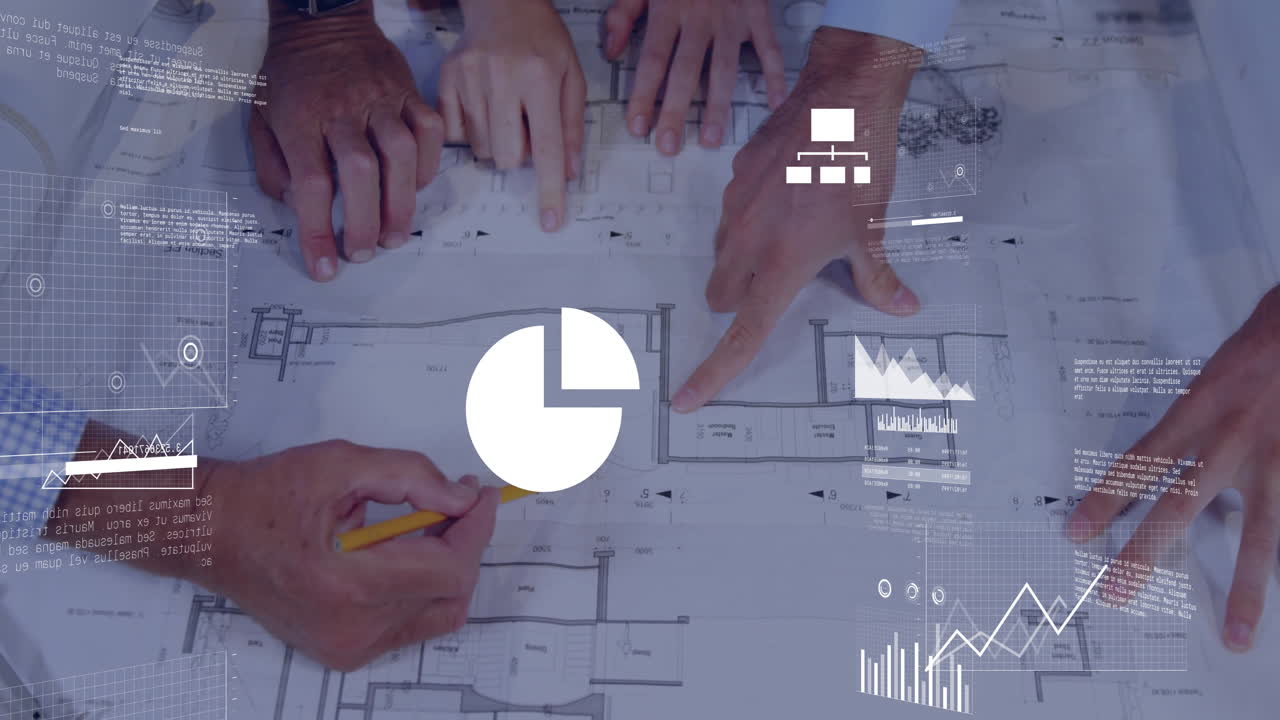 다양한 동료들이 청사진에 메모를 취하는 금융 데이터 처리의 애니메이션