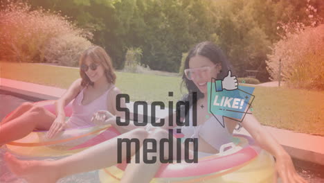 social media and like animation over women relaxing on pool floats