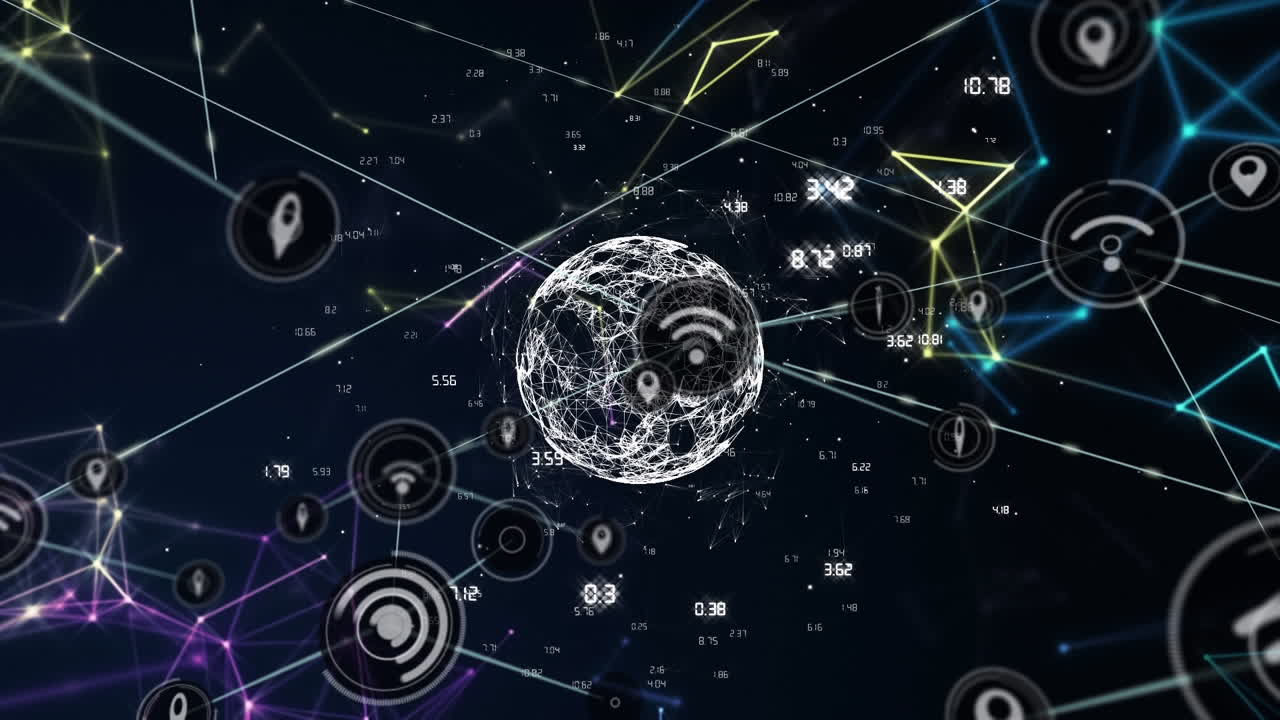 animación de iconos conectados por líneas, globos, formas geométricas y números sobre un fondo abstracto