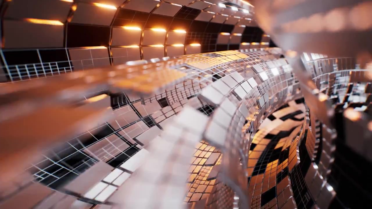 Round tunnel with metallic technological cubes, 3d rendering.