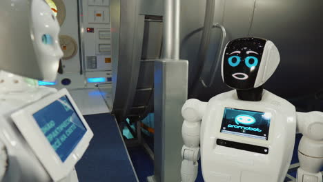 dos robots promobot en una sala de exposiciones
