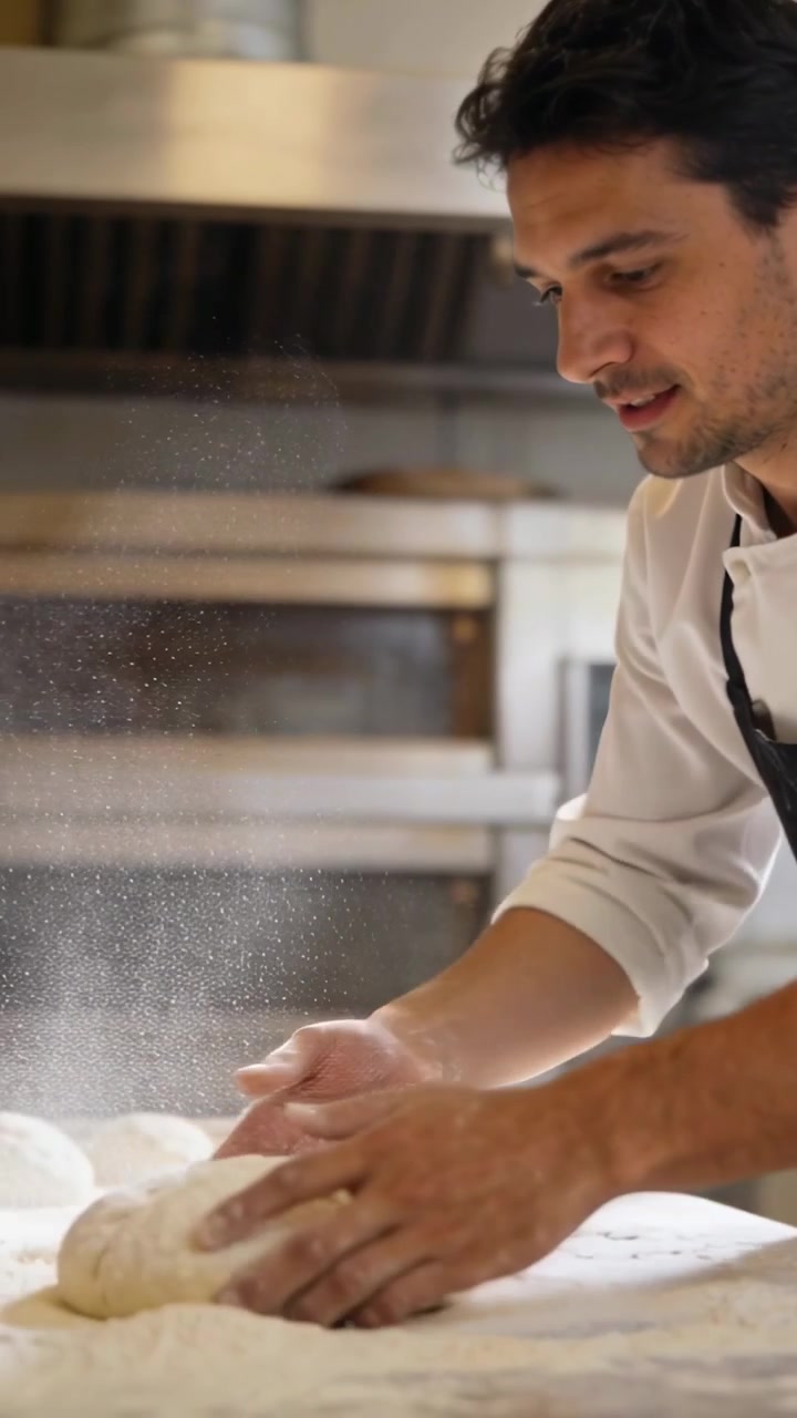 Vídeo vertical: Polvilhando farinha, chef usando avental dobrando massa para assar na padaria, espaço para texto.
