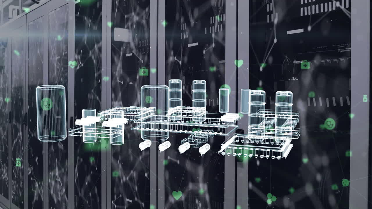 Animation of architectural city plan and networks over computer servers