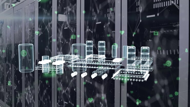 Animation of architectural city plan and networks over computer servers