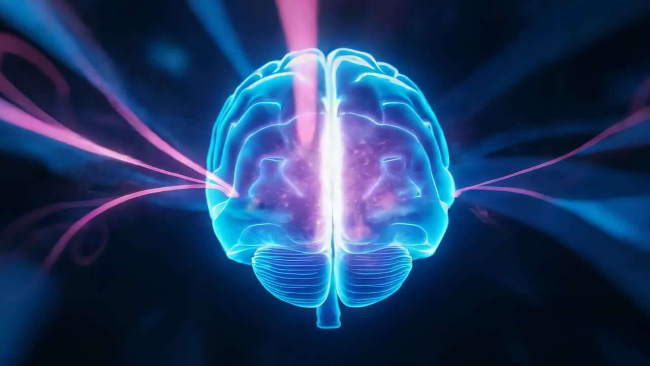 Rotating 3D brain model in digital void, intensifying pink blue energy streams and pulsing core