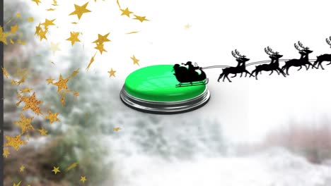 Animation-of-santa-claus-in-sleigh-with-reindeer-and-red-falling-over-green-button