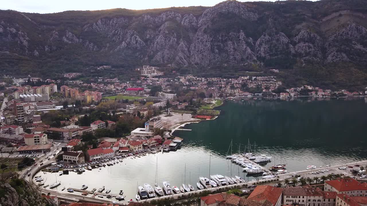 View of the Bay of Kotor from the wall above the old town. Aerial view of Kotor City