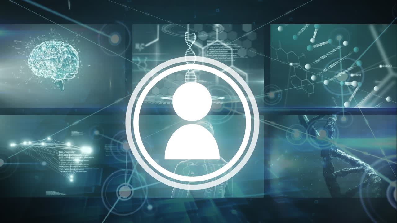 Animation of profile icons and netwoork of connections against screens with medical data processing