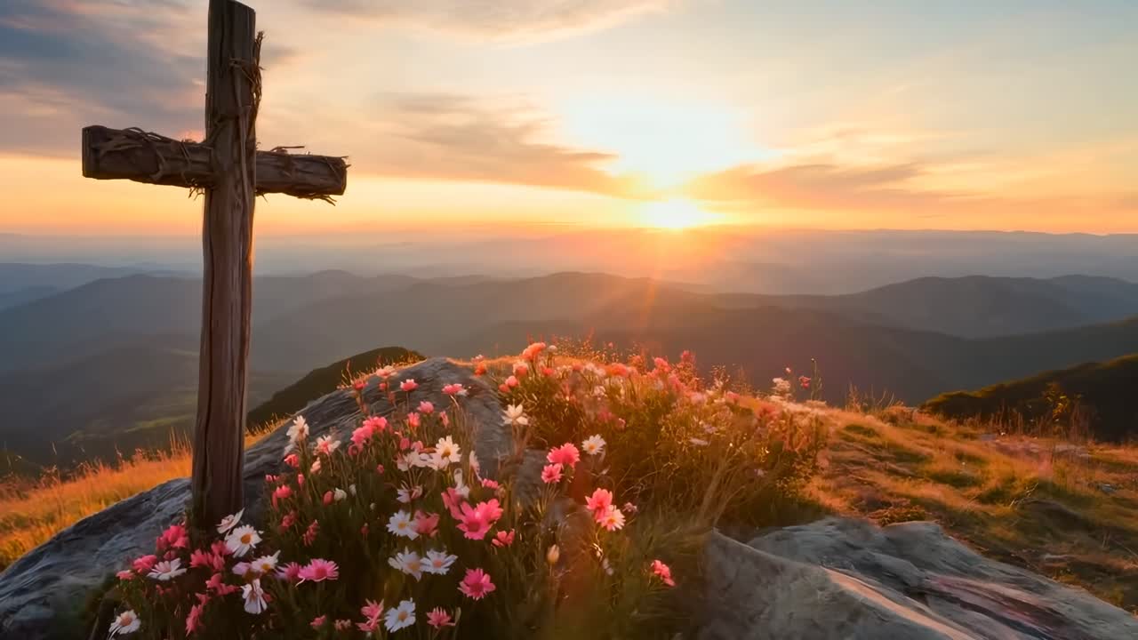 A serene sunset video captures a cross and flowers on a mountain, shot from a low angle