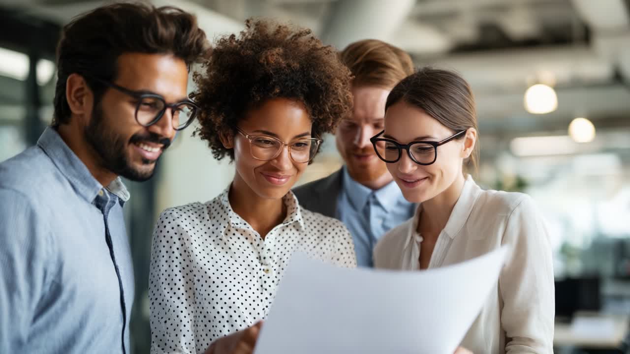 A dynamic group of four diverse individuals engages in collaborative discussion while reviewing an important document, showcasing teamwork and effective communication in a modern office environment