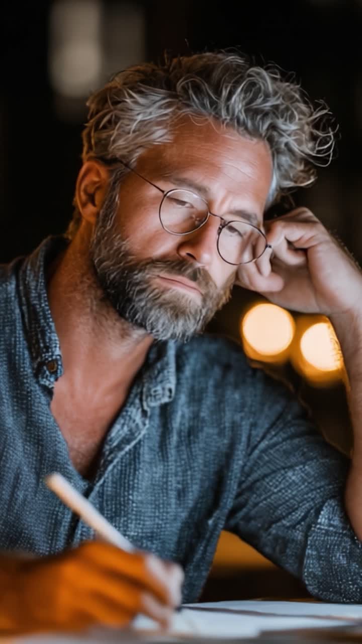 Un escritor pensativo en un entorno tenuemente iluminado: Capturando la esencia de la contemplación y la creatividad mientras un hombre reflexiona y toma notas