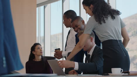business people meeting team leader woman training colleagues using laptop computer pointing at screen sharing ideas discussing project in office boardroom 4k